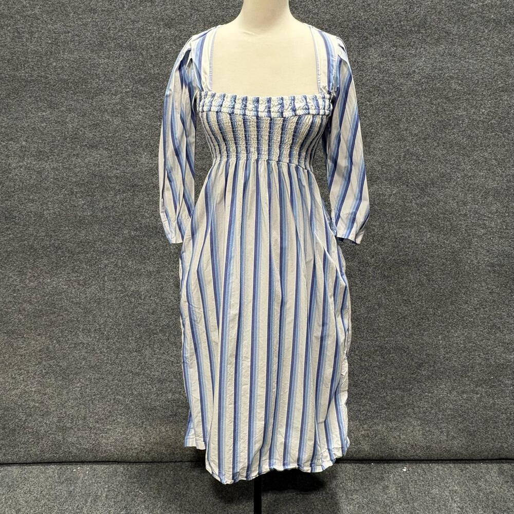 Ganni Dress Womens S Blue White Striped Smocked Puff Sleeve Midi Sundress